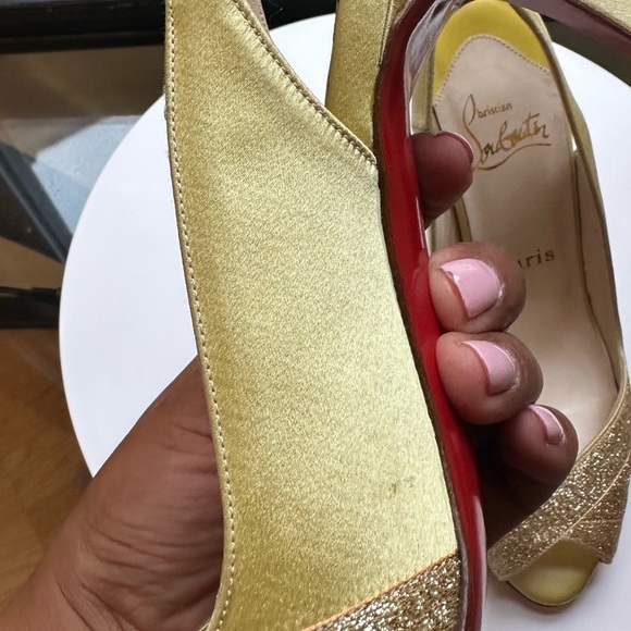 🌺CHRISTIAN LOUBOUTIN 🌺 Yellow Satin Glitter Accents Slingback pumps size: 37 - Picture 14 of 17